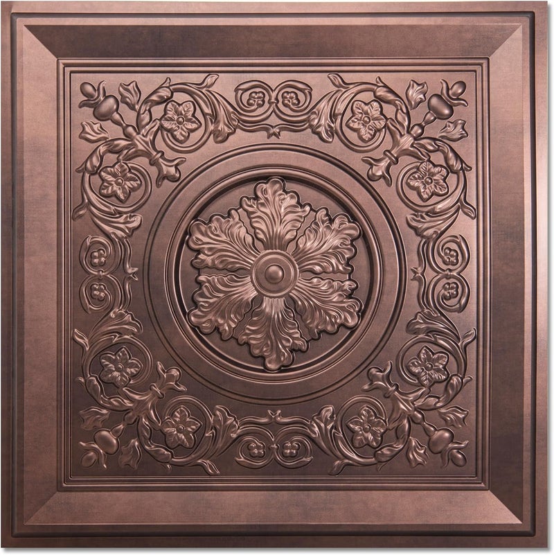 WOWSTAR 12-Pack 24"x24" 3D Drop Ceiling Tiles, Waterproof Glue up Ceiling Panels, Antique Copper - Image 1